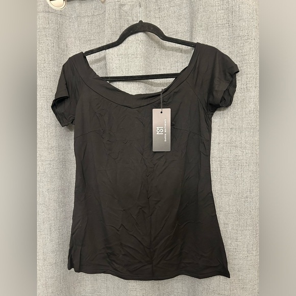Sarin Mathews Off The Shoulder Top Sexy V Neck Slim Fit Shirt Solid Black Size L - Picture 6 of 6